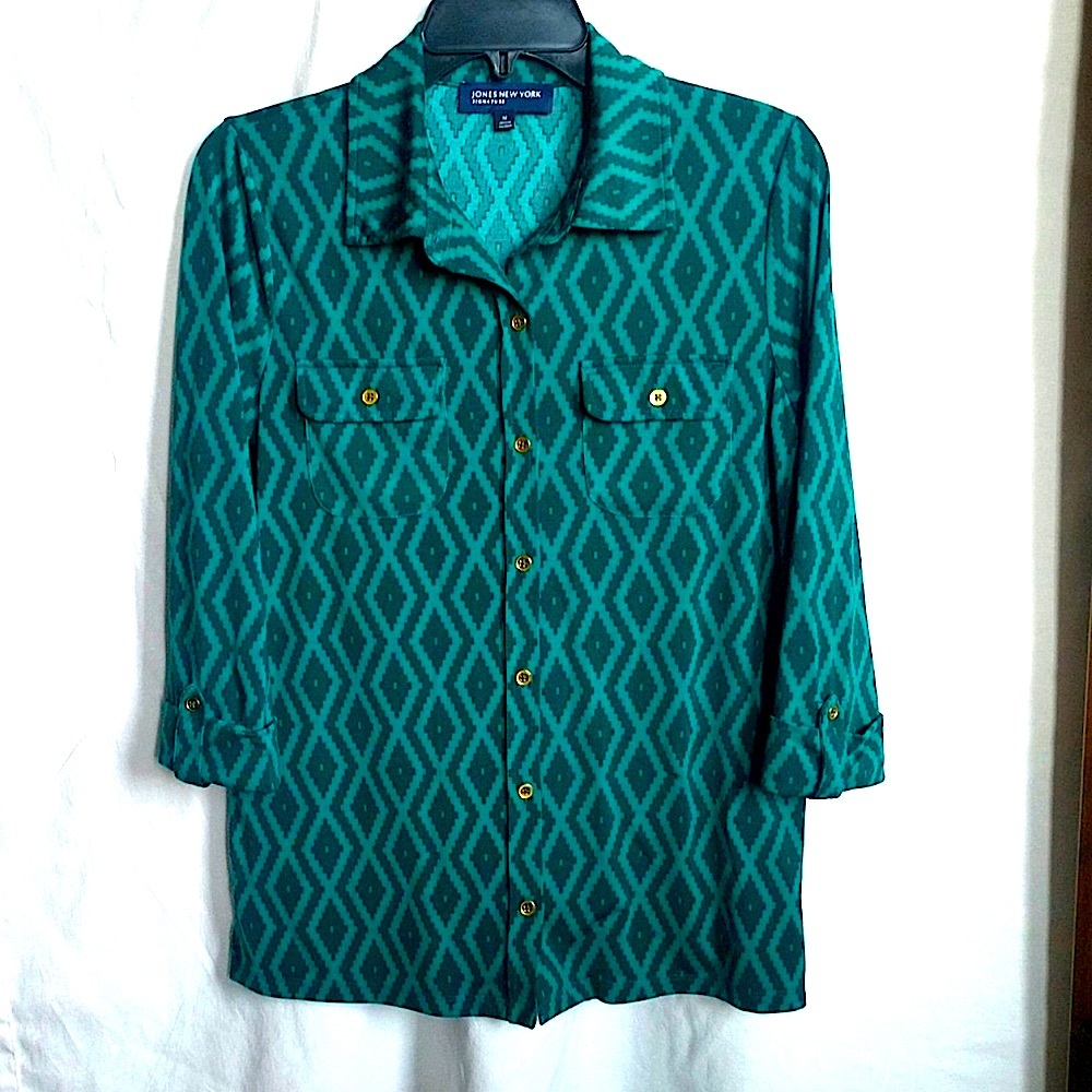 Jones New York Signature Green & Black Button Down Blouse Size Medium